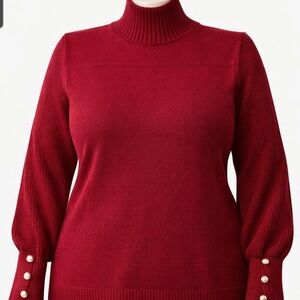 :Burgundy Turtleneck Sweater Gold Button Cuffs Cozy Plus Size
